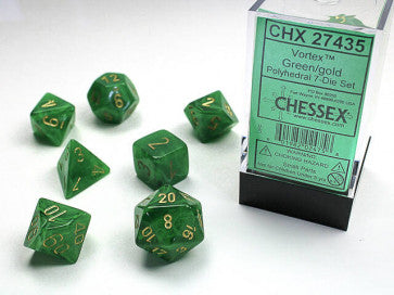 Chessex D7-Die Set Dice  Vortex Green Gold  (7 Dice in Display)