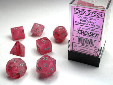Chessex D7-Die Set Dice Ghostly Glow Pink/Silver  (7 Dice in Display)