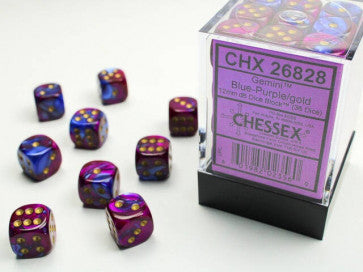 Chessex D6 Dice Gemini 12mm Blue-Purple/Gold (36 Dice in Display)