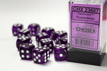 Chessex D6 Dice Translucent Purple/White 16mm (12 Dice in Display)