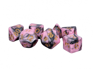MDG 16mm Acrylic Polyhedral Dice Set: Pink/Black w/ Gold Numbers