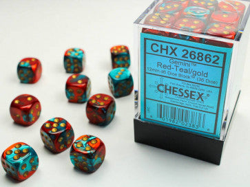 Chessex D6 Dice Gemini 12mm Red-Teal/Gold (36 Dice in Display)