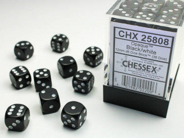 Chessex D6 Dice Opaque 12mm Black/white (36 Dice in Display)