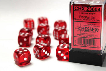 Chessex D6 Dice Translucent Red 16mm (12 Dice in Display)