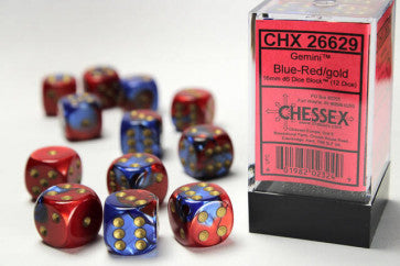 Chessex D6 Dice Gemini 16mm Blue-Red/Gold (12 Dice in Display)