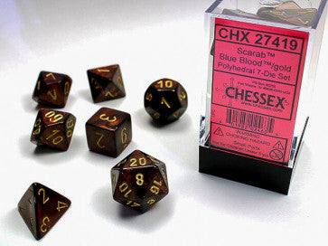 Chessex D7-Die Set Dice Scarab Blue Blood/Gold  (7 Dice in Display)