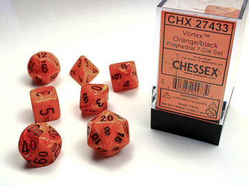 Chessex D7-Die Set Dice Vortex Orange/Black  (7 Dice in Display)