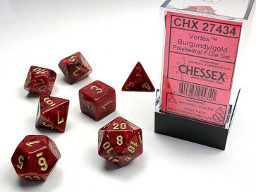 Chessex D7-Die Set Dice Vortex Burgandy Gold  (7 Dice in Display)