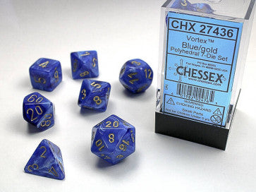 Chessex D7-Die Set Dice Vortex Royal Blue/Gold  (7 Dice in Display)