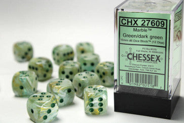 Chessex D6 Dice Marble 16mm Green/Dark Green (12 Dice in Display)