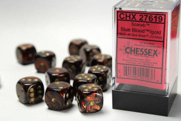 Chessex D6 Dice Scarab 16mm Blue Blood/Gold (12 Dice in Display)