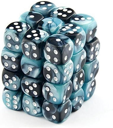 Chessex D6 Dice Gemini 12mm Black & Shell with White (36 Dice in Display)