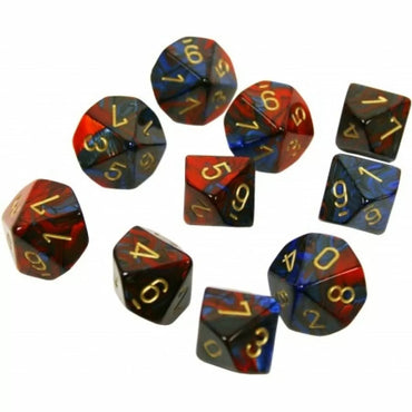 Gemini Polyhedral Blue-Red/Gold Set of Ten d10s