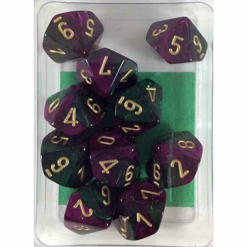 Gemini Polyhedral Green-Purple/Gold Set of Ten d10s
