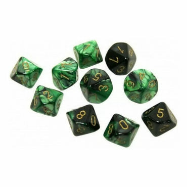 Gemini Polyhedral Black-Green/Gold Set of Ten d10s