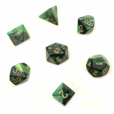 Chessex D7-Die Set Dice Gemini Black-Green/Gold  (7 Dice in Display)