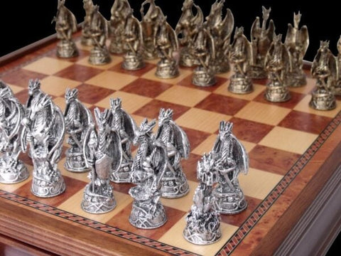 Dal Rossi - Dragon Pewter Chessmen w/ 18″ Shiny Mahogany FinIsh Compartment Board