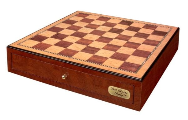Dal Rossi - Dragon Pewter Chessmen w/ 18″ Shiny Mahogany FinIsh Compartment Board
