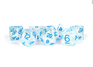 MDG 16mm Resin Polyhedral Dice Set: Flash Clear w/ Light Blue Numbers