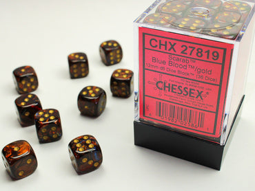 Chessex 12mm D6 Dice Block Scarab Blue Blood/Gold (36 Dice in Display)