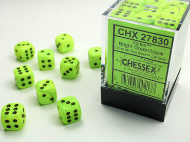 Chessex 12mm D6 Dice Block Vortex Bright Green/Black (36 Dice in Display)