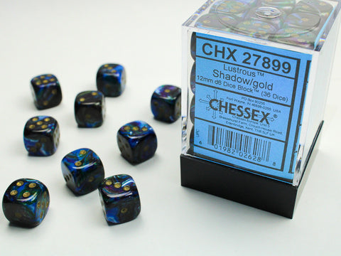 Chessex 12mm D6 Dice Block Lustrous Shadow/Gold (36 Dice in Display)