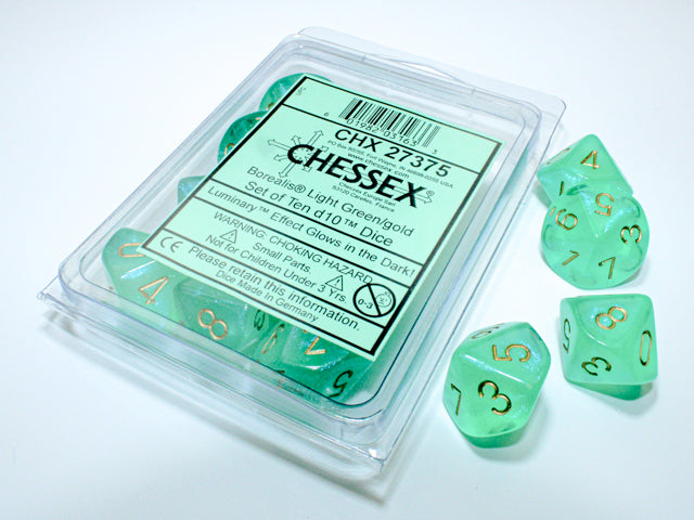 Chessex D10-Die Set Dice Borealis Light Green/gold Luminary (7 Dice in Display)