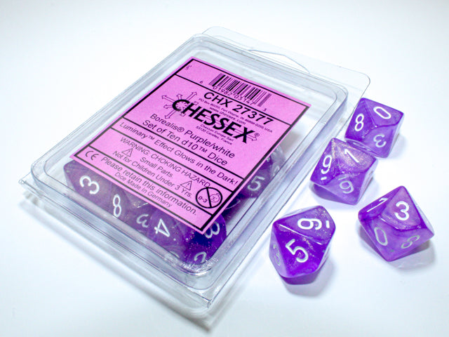 Chessex D10-Die Set Dice Borealis Purple/white Luminary (7 Dice in Display)