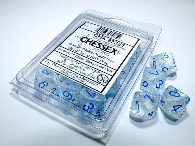 Chessex D10-Die Set Dice Borealis Icicle ¢/light blue Luminary (7 Dice in Display)