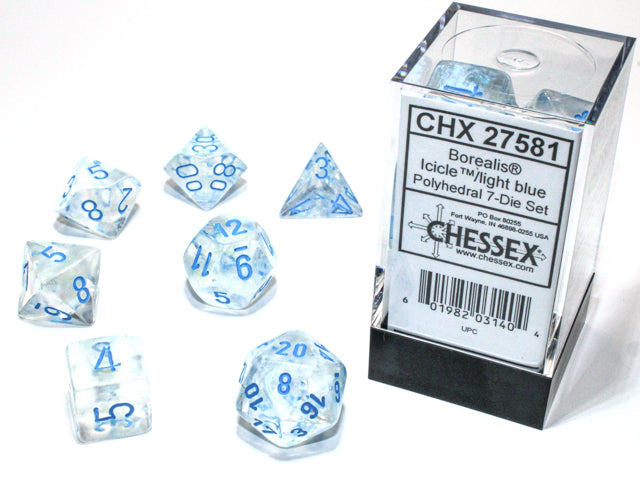 Chessex D7-Die Set Dice Borealis Polyhedral Icicle ¢/light blue Luminary (7 Dice in Display)