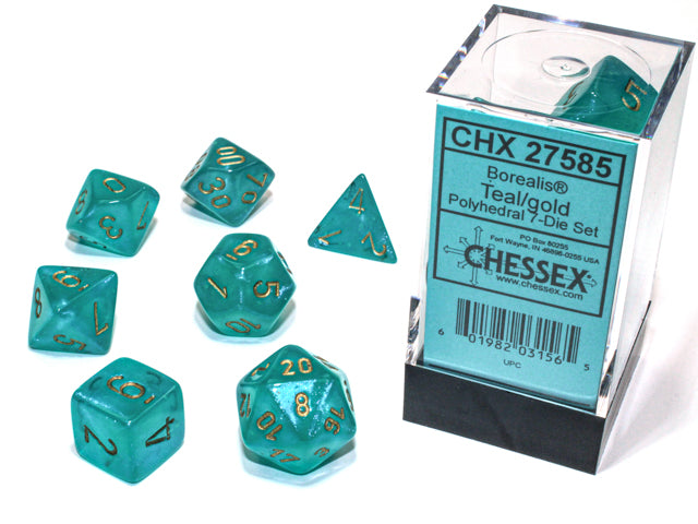 Chessex D7-Die Set Dice Borealis Polyhedral Teal/gold Luminary (7 Dice in Display)