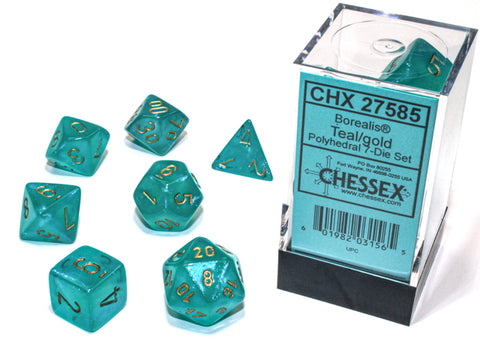 Chessex D7-Die Set Dice Borealis Polyhedral Teal/gold Luminary (7 Dice in Display)