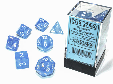 Chessex D7-Die Set Dice Borealis Polyhedral Sky Blue/white (7 Dice in Display)