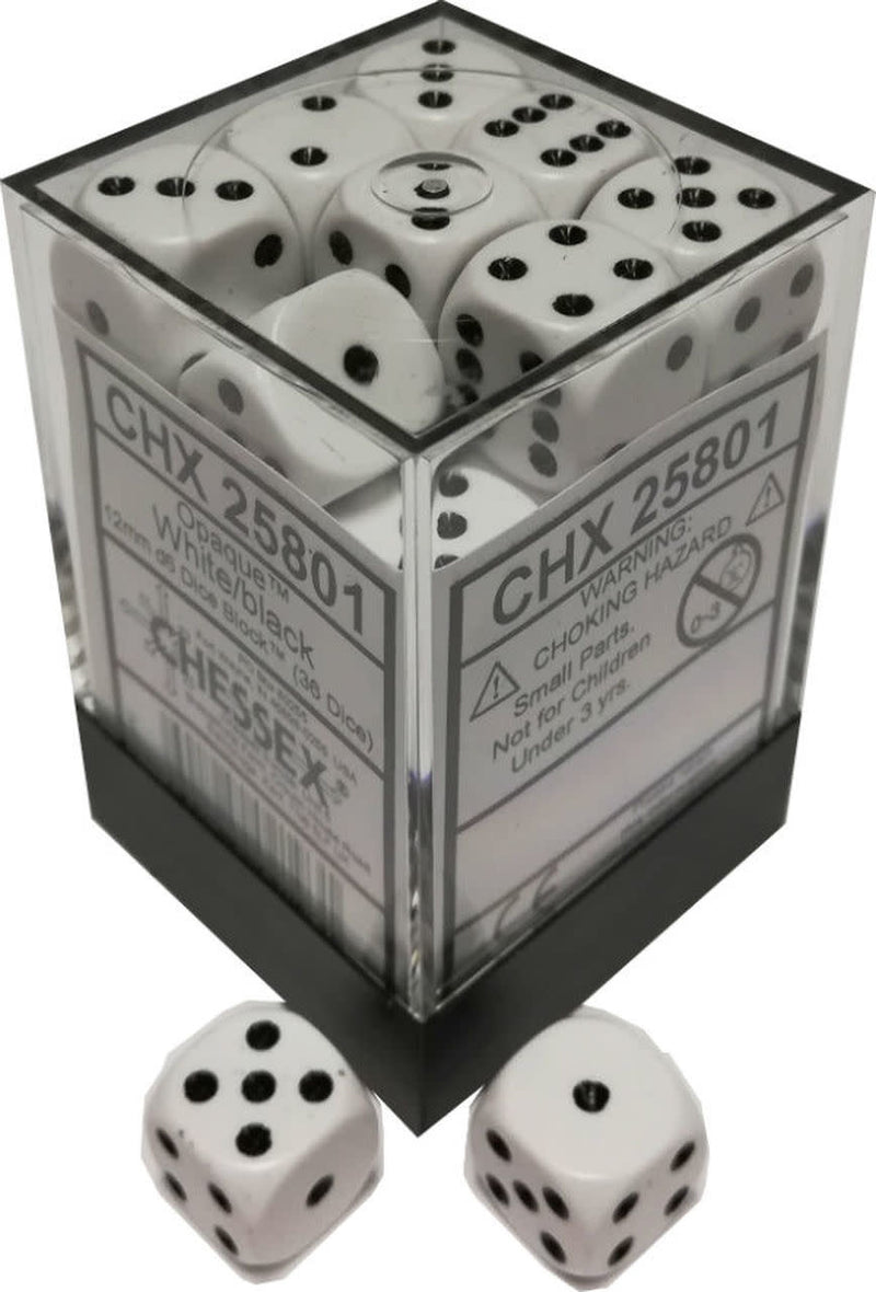 Chessex D6 Dice 12mm Opaque White/Black (36 Dice in Display)