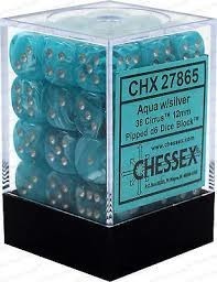 Chessex D6 Dice Cirrus 12mm Aqua/Silver (36 Dice in Display)