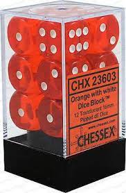 Chessex D6 Dice Translucent Orange 16mm (12 Dice in Display)