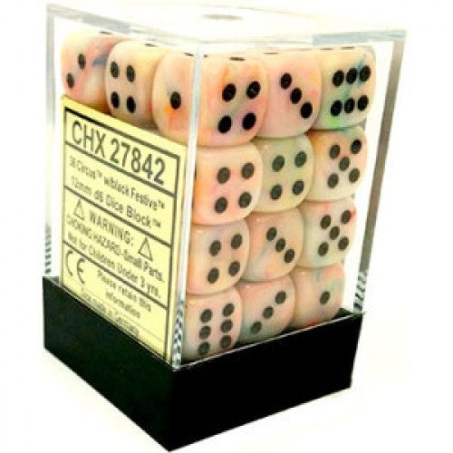 Chessex D6 Dice Festive 12mm Circus/Black (36 Dice in Display)