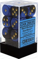 Chessex D6 Dice Gemini 16mm Black-Blue/Gold (12 Dice in Display)