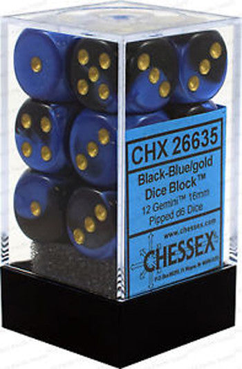 Chessex D6 Dice Gemini 16mm Black-Blue/Gold (12 Dice in Display)