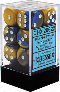 Chessex D6 Dice Gemini 16mm Blue-Gold/White (12 Dice in Display)