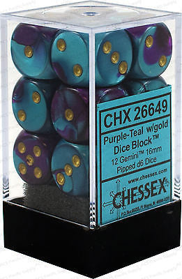 Chessex D6 Dice Gemini 16mm Purple-Teal/Gold (12 Dice in Display)