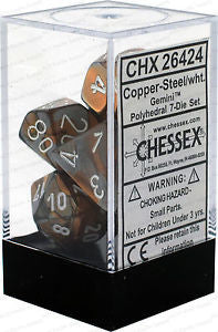 Chessex D7-Die Set Dice Gemini Polyhedral Copper-Steel/White (7 Dice in Display)