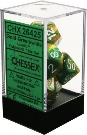 Chessex D7-Die Set Dice Gemini Polyhedral Gold-Green/White (7 Dice in Display)