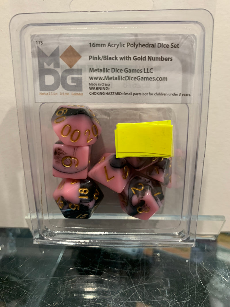 MDG Dice Sets 7pk Pink/Black Gold Numbers