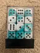 Chessex D6 Dice Gemini 12mm Teal-White/Black (36 Dice in Display)