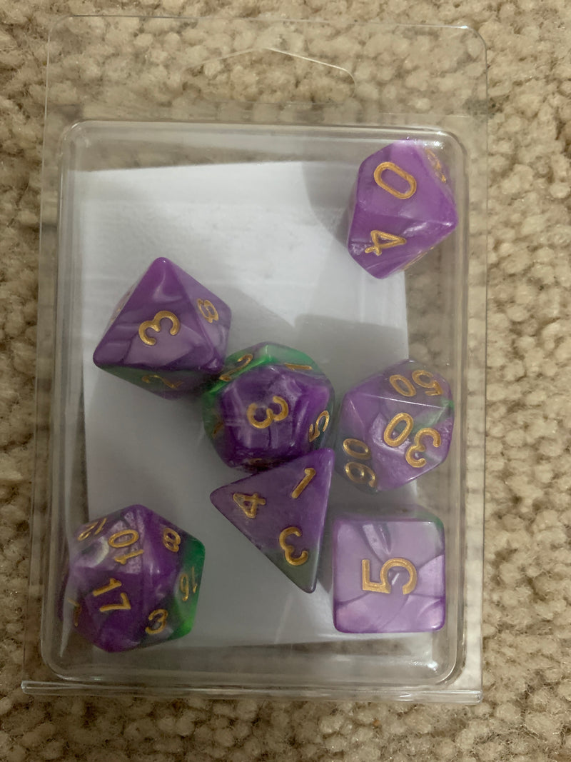 TMG RPG Dice - Hidden Vale Purple/Green Fusion 16mm (set of 7)