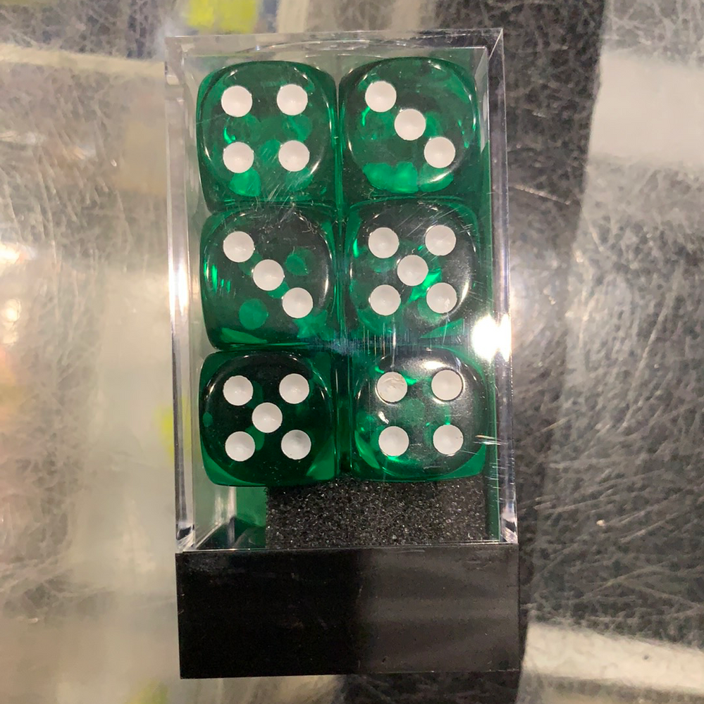 Chessex D6 Dice Translucent Green 16mm (12 Dice in Display)