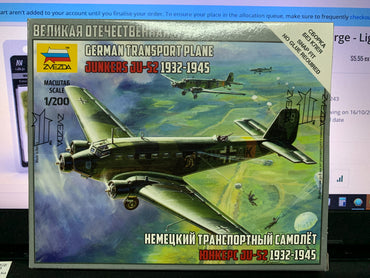 Zvezda 6139 1/200 Junkers Ju-52 Transport Plane Plastic Model Kit