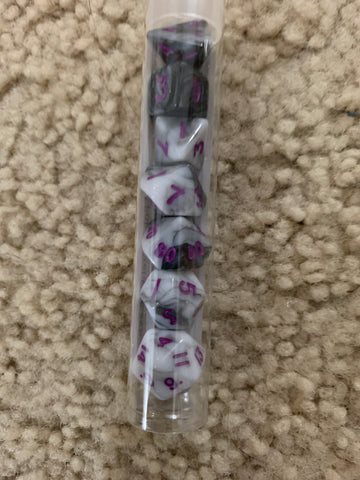 MDG 10mm Mini Polyhedral Dice set: Marble w/ Purple Numbers
