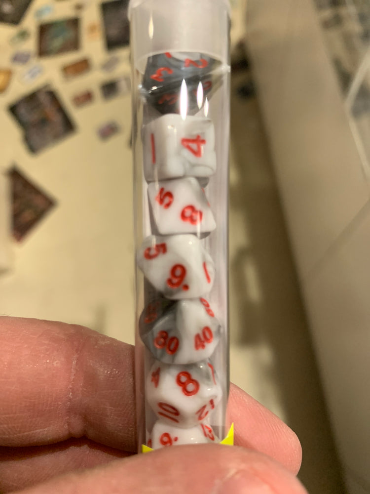 MDG 10mm Mini Polyhedral Dice set: Marble w/ Red Numbers